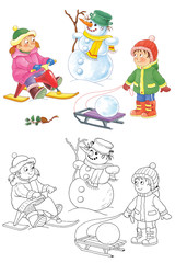 Obraz na płótnie Canvas Four seasons. Cute boy and girl are playing outdoors. Coloring page. Coloring book. Illustration for children. Cute and funny cartoon characters