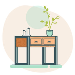 Fototapeta premium Flat icon. Wooden loft chest of drawers icon with flower and candles on top. Flat vector console icon. Vector illustration for a furniture store, website, article, postcard, cover, catalog.