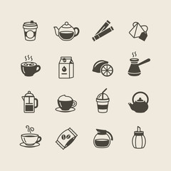 Cooking foods and kitchen icons set