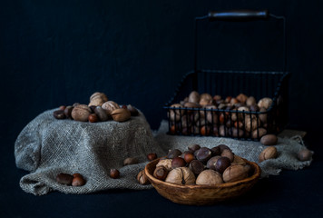 Still life with nuts and burlap