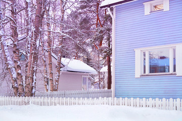 Detail of House in Snow winter Christmas Finland Lapland