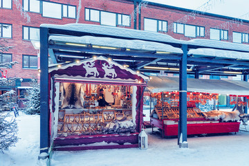 Winter Souvenirs on Street Christmas Market in Rovaniemi Finland Lapland