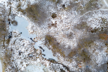 Aerial top down view winter landscape