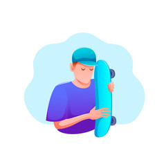 Sports banner flat design isolated. Young man in cap with skateboard. Active entertainment and extreme sports. Modern vector illustration.