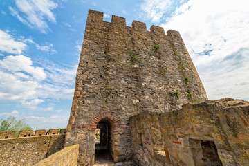 Smederevo, Serbia - May 02, 2019: The Smederevo Fortress is a medieval fortified city in Smederevo, Serbia. Smederevo fortress walls around the Small town. It was built between 1427 and 1430.