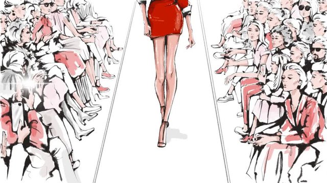 Hand drawn fashion show with stylish model and audience. Fashion runway. Haute couture. Beautiful young woman walking runway. Looped animation.