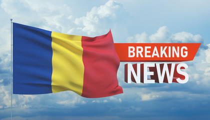 Breaking news. World news with backgorund waving national flag of Romania. 3D illustration.