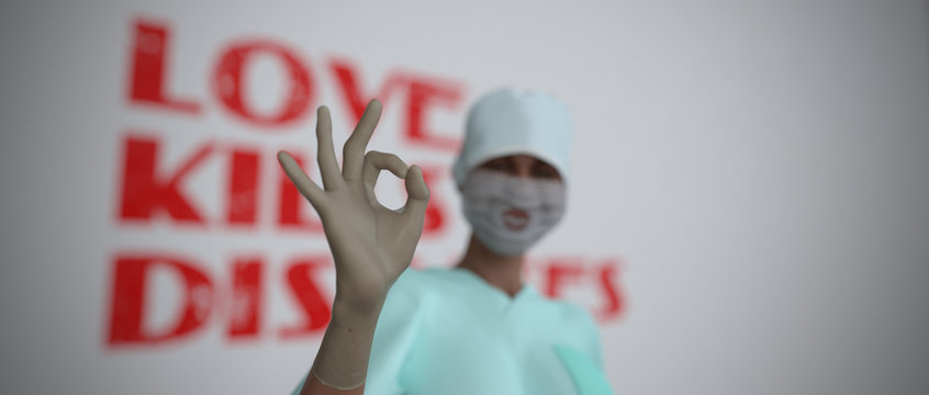 Love Kills Diseases 3D Render Image Illustration of Nurse in Mask with Red Lips Focus on Ok Hand
