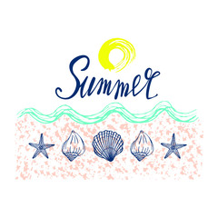 Seashells, summer, holidays, set of seashells and starfish, vector. Hand drawn sea shells and starfishes. Beautiful inscription in modern calligraphy.