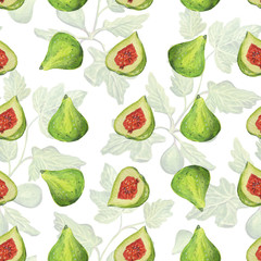 Botanical seamless pattern with figs and green leaves. Watercolor illustration.