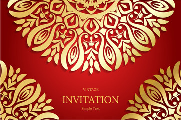 Elegant Save The Date card design. Vintage floral invitation card template. Luxury swirl mandala greeting  gold and red card
