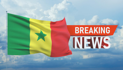 Breaking news. World news with backgorund waving national flag of Senegal. 3D illustration.