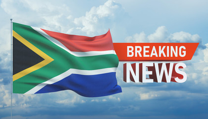 Breaking news. World news with backgorund waving national flag of South Africa. 3D illustration.