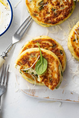 Cottage cheese pancakes with spinach and cheese.