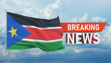 Breaking news. World news with backgorund waving national flag of South Sudan. 3D illustration.