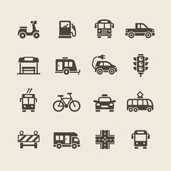 Public transport in city icons set