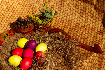 Painted Easter eggs in a nest of straw. Sunlight. Easter still life. - 336483355