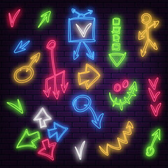 Set of neon arrows of different colors on a dark brick wall background. Vector illustration EPS 10.