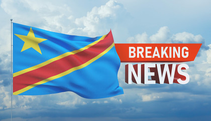 Breaking news. World news with backgorund waving national flag of Democratic Republic of the Congo. 3D illustration.