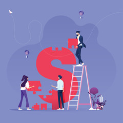 Investment success concept-Business team pushing jigsaw puzzle dollar sign to Successful