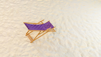 Fototapeta na wymiar 3D image back view of sunbed with purple fabric staying on the sand beach