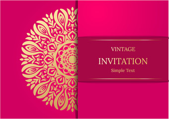 Elegant Save The Date card design. Vintage floral invitation card template. Luxury swirl mandala greeting card, gold, pink