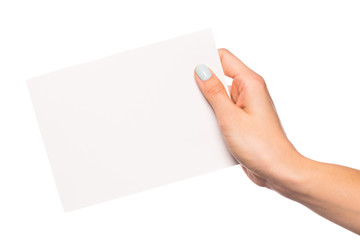 Obraz premium female hand isolated on white background holding card with text place - Image