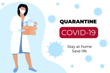 Obraz premium COVID-19. Coronavirus epidemic. Female doctor in a medical gown and protective surgical mask holds box with protective equipment.