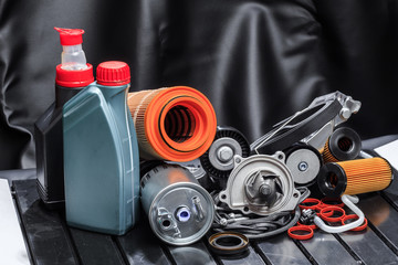 parts for scheduled car maintenance.Oil , air , fuel filter, Water pumps motor, belt car engine  ...