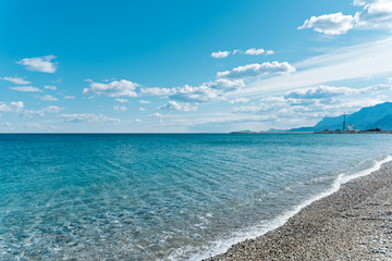  Beautiful view blue sea and sky with white clouds on the background