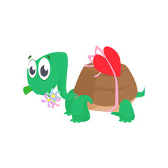 Sweet cartoon turtle carrying red heart and flowers. Cute character, animal, Valentines day. Can be used for topics like love, romance, greeting