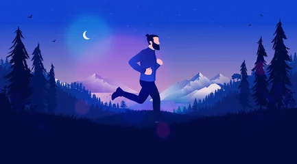 Fototapete Dunkelblau Jogging at night - Man exercising and running in beautiful forest landscape with mountains, sea and moon in sky. Fresh air, healthy living and jogger concept. Vector illustration.  © Knut