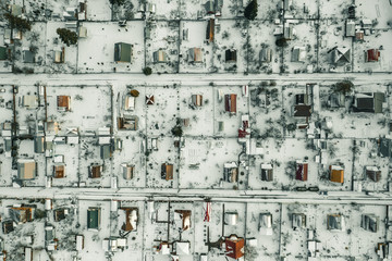 Top view of country houses in winter. Aerial view