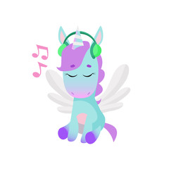 Cute unicorn listening to music in headphones. Music concept. illustration can be used for topics like fantasy, leisure, technology