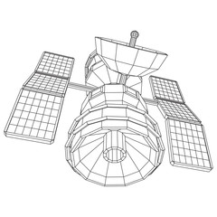 Space station communications satellite. Wireframe low poly mesh vector illustration.