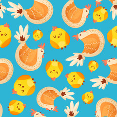 Colorful hens and chickens seamless pattern.