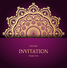 Elegant Save The Date card design. Vintage floral invitation card template. Luxury swirl mandala greeting card, gold, purple