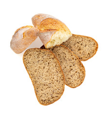 Bread pieces isolated on a white background. Bread viewed from above. Flat lay. Bakery Food concept.