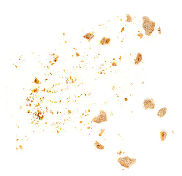 Bread crumbs isolated on white background. Top view.