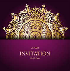 Elegant Save The Date card design. Vintage floral invitation card template. Luxury swirl mandala greeting card, gold, purple