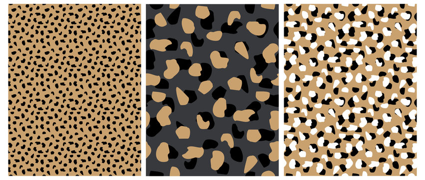 Abstract Leopard Skin Seamless Vector Patterns. White, Brown and Black Irregular Brush Spots on a Gray and Gold Backgrounds.  Abstract Wild Animal Skin Print. Simple Irregular Geometric Design.