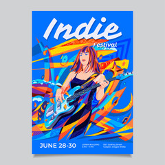 Indie music festival or event poster template with a cute pretty girl playing bass guitar and abstract colorful background.