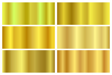 Realistic golden texture set, copper, brass and metal gradient pattern for golden frame, ribbon design, business card. Vector illustration EPS 10.