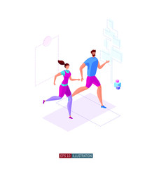 Fototapeta na wymiar Trendy flat illustration. Running man and woman. Template for your design works. Vector graphics.