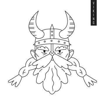 Vector illustrationof a viking head in a helmet with horns and long beard and moustache drawn in outline style isolated on white background for print, logo, emblem or engraving design.