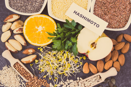 Inscription hashimoto with beneficial eating for thyroid gland. Healthy ingredients as source vitamins and minerals