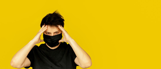 girl brunette short hair black medical mask holding her head with her hands emotion nervous banner...