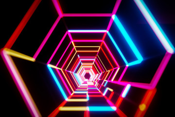 Futuristic hexagon technology background with glowing light. 3D rendering illustration.