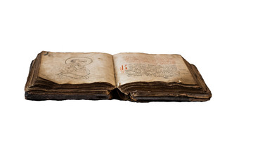 VILKOVO, UKRAINE - April 2018: Old religious Slavonic books with ancient texts in historical museum in Vilkovo, Ukraine