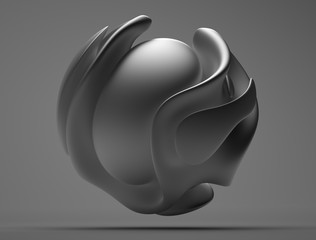 3d render of black and white abstract art with surreal 3d ball sculpture in organic curve round wavy smooth and soft bio forms in matte aluminium metal material on dark grey background